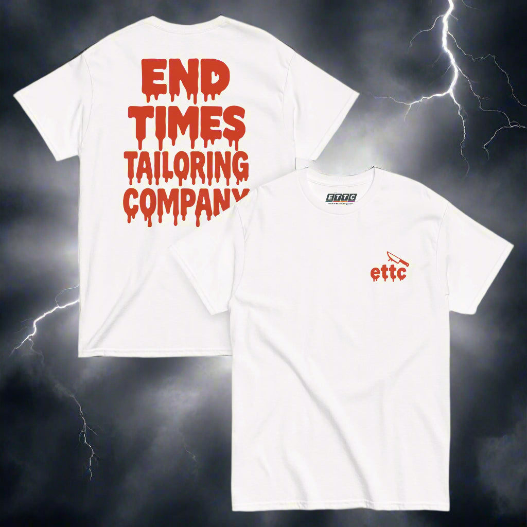 White t-shirt with red text 'END TIMES TAILORING COMPANY' on the back, displayed on a white background.